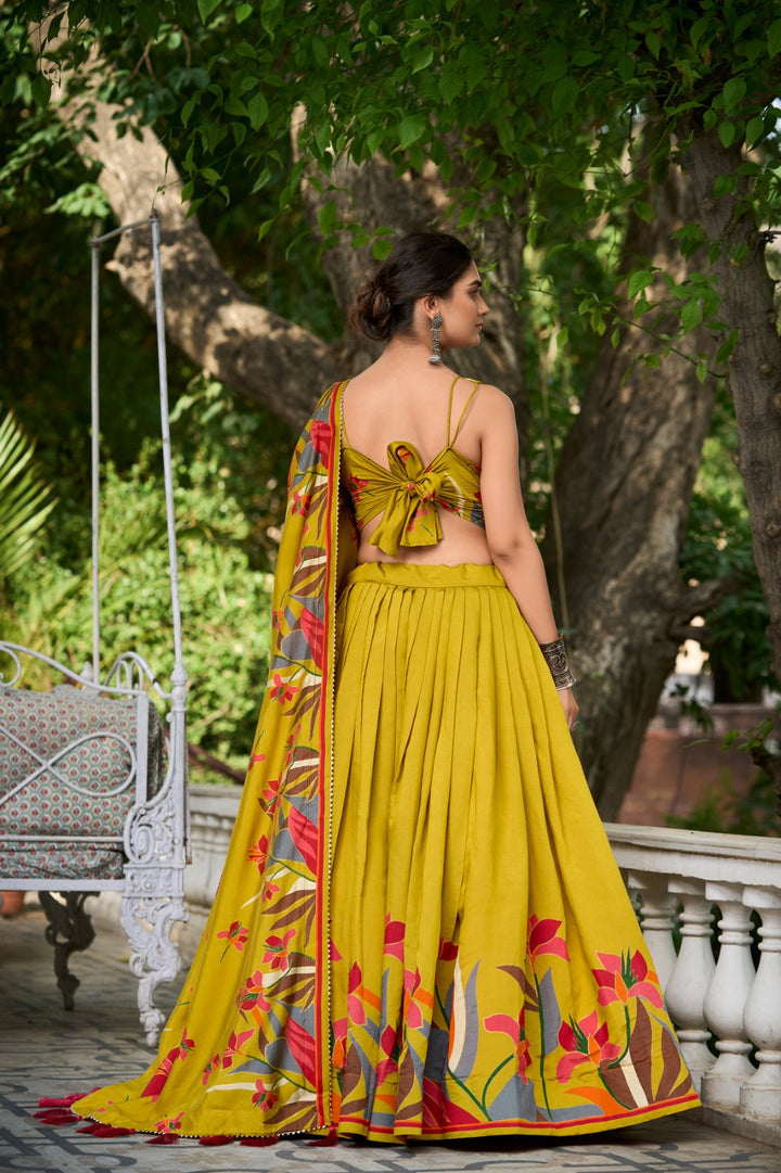 Mustard Polyester Viscose Chanderi Lehenga Choli with Intricate Print and Dupatta