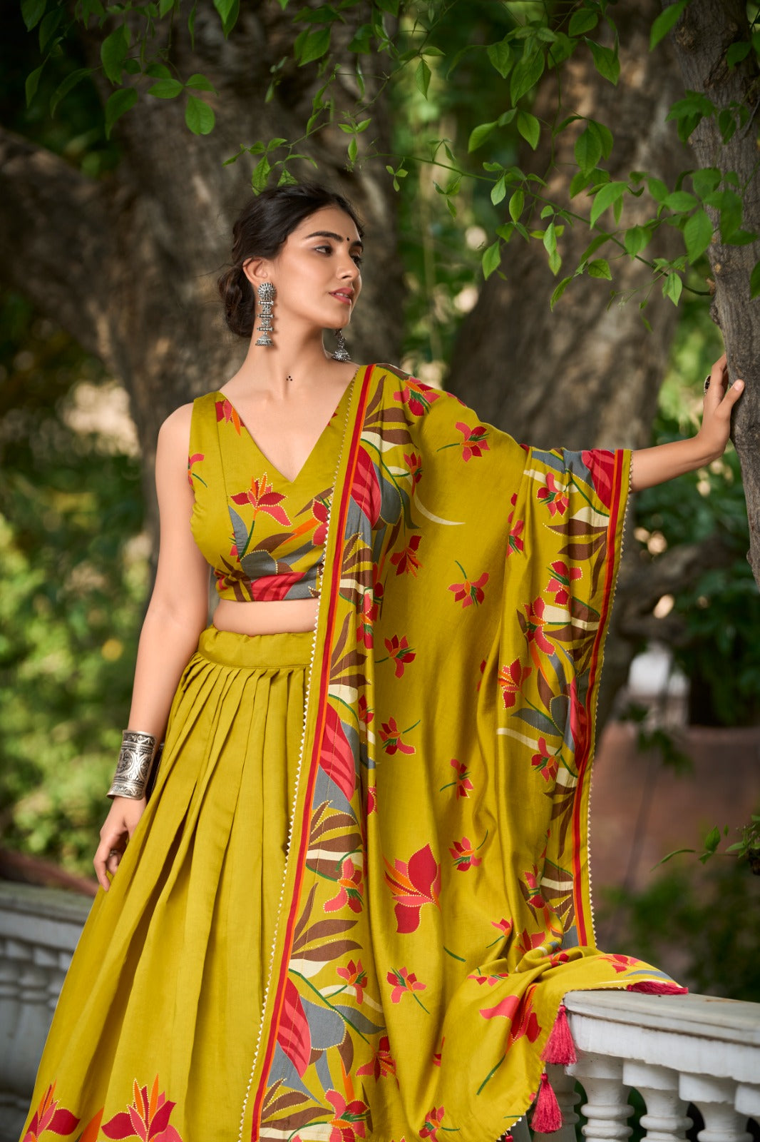 Mustard Polyester Viscose Chanderi Lehenga Choli with Intricate Print and Dupatta