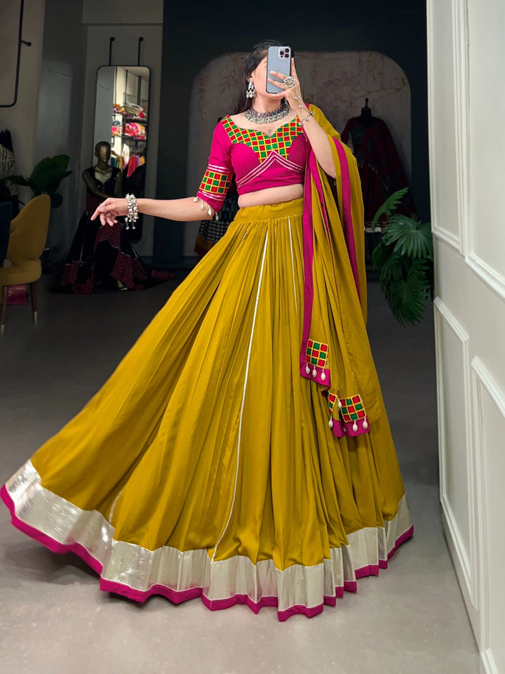 Mustard Navratri Nights Shine Brighter With Pure Rayon And Intricate Gamthi Work Lehenega Choli