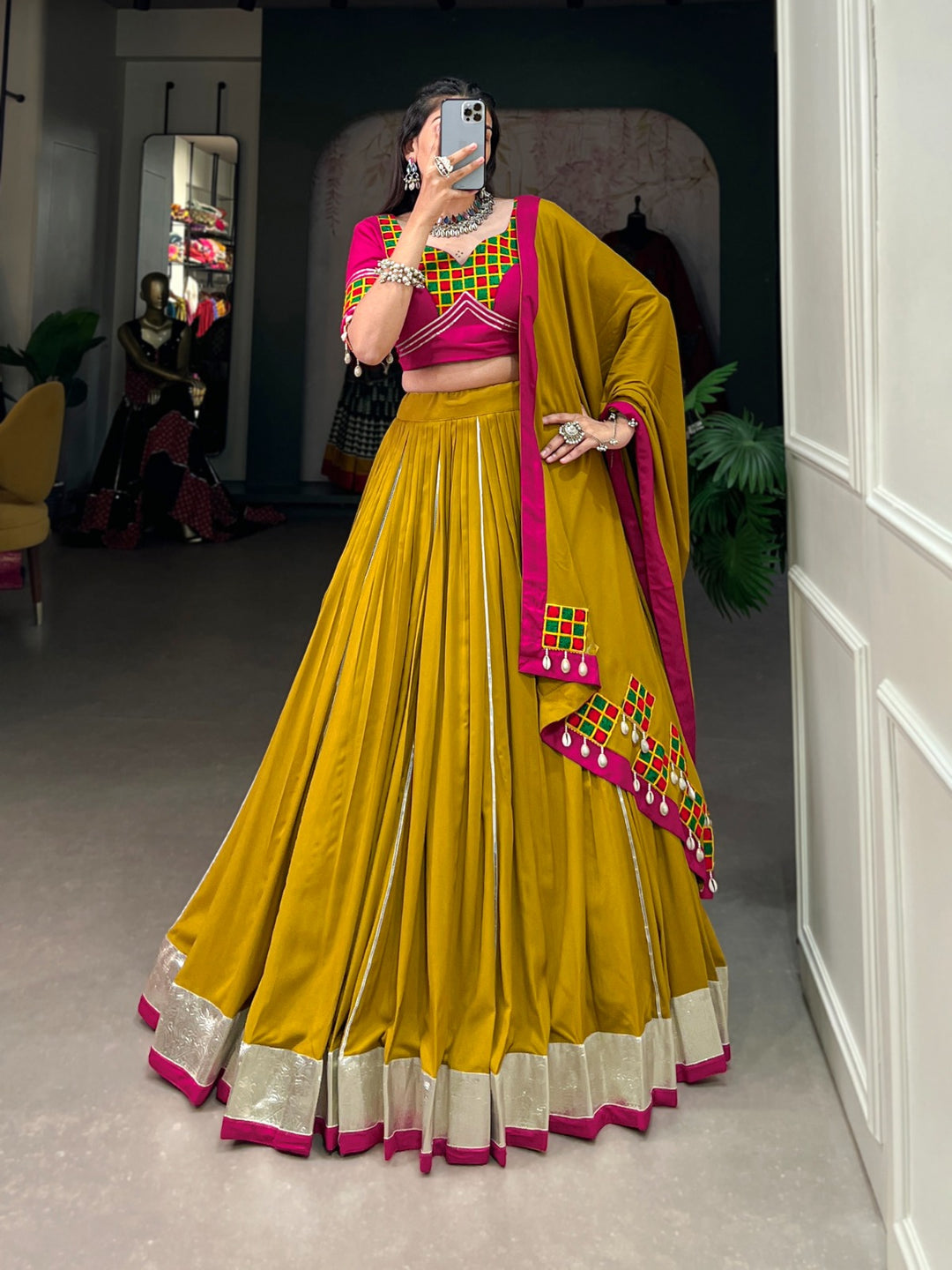 Mustard Navratri Nights Shine Brighter With Pure Rayon And Intricate Gamthi Work Lehenega Choli