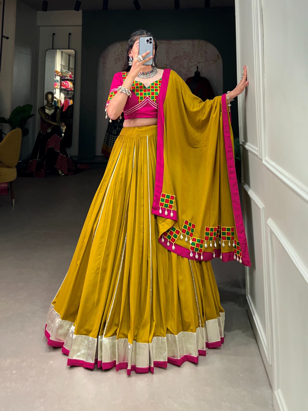 Mustard Navratri Nights Shine Brighter With Pure Rayon And Intricate Gamthi Work Lehenega Choli