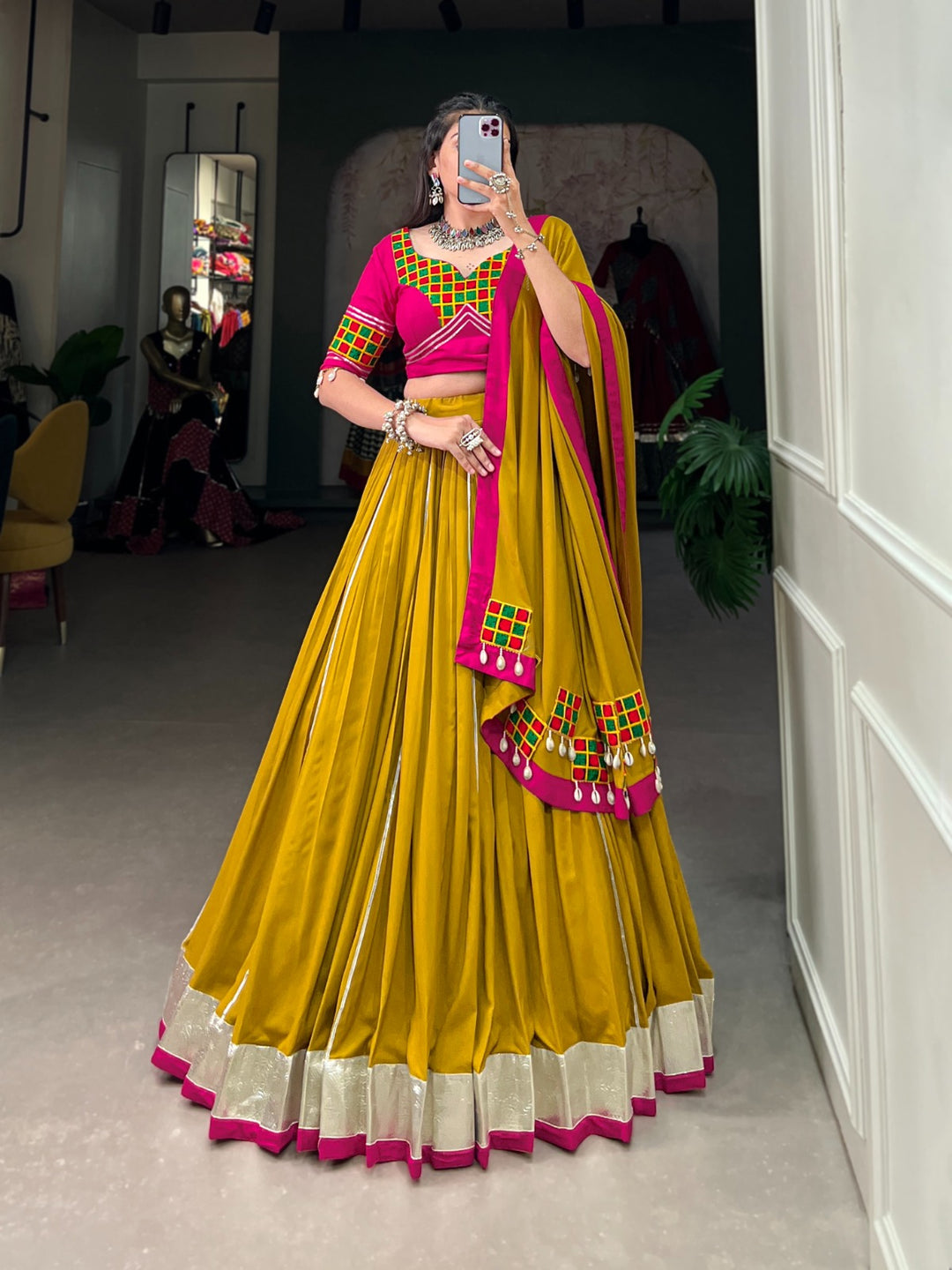 Mustard Navratri Nights Shine Brighter With Pure Rayon And Intricate Gamthi Work Lehenega Choli