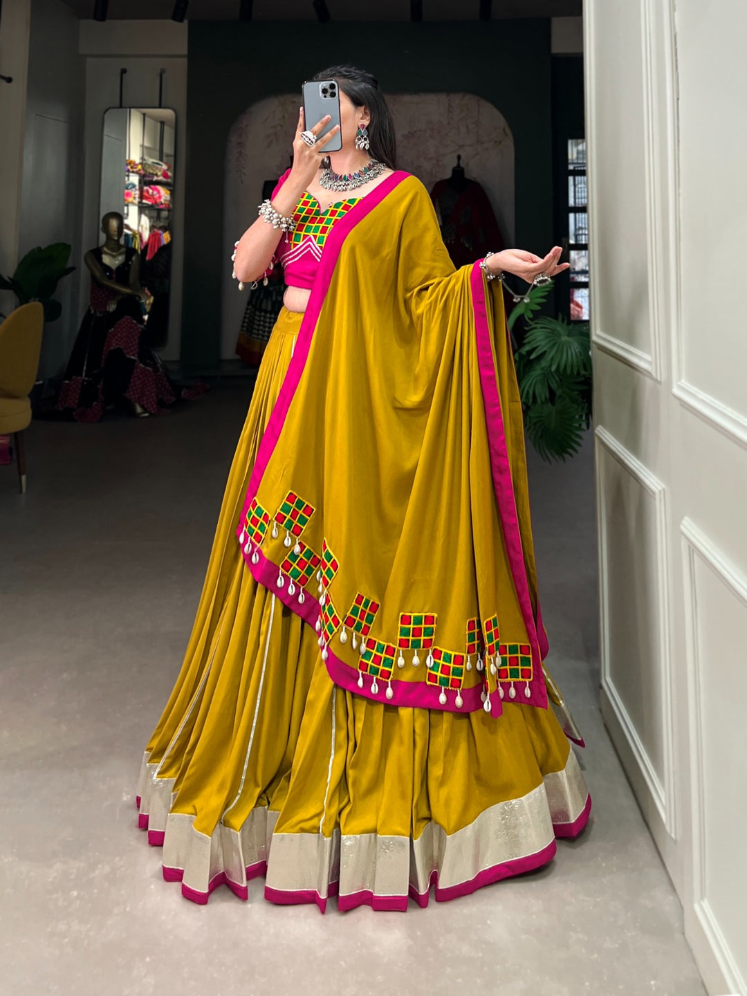 Mustard Navratri Nights Shine Brighter With Pure Rayon And Intricate Gamthi Work Lehenega Choli