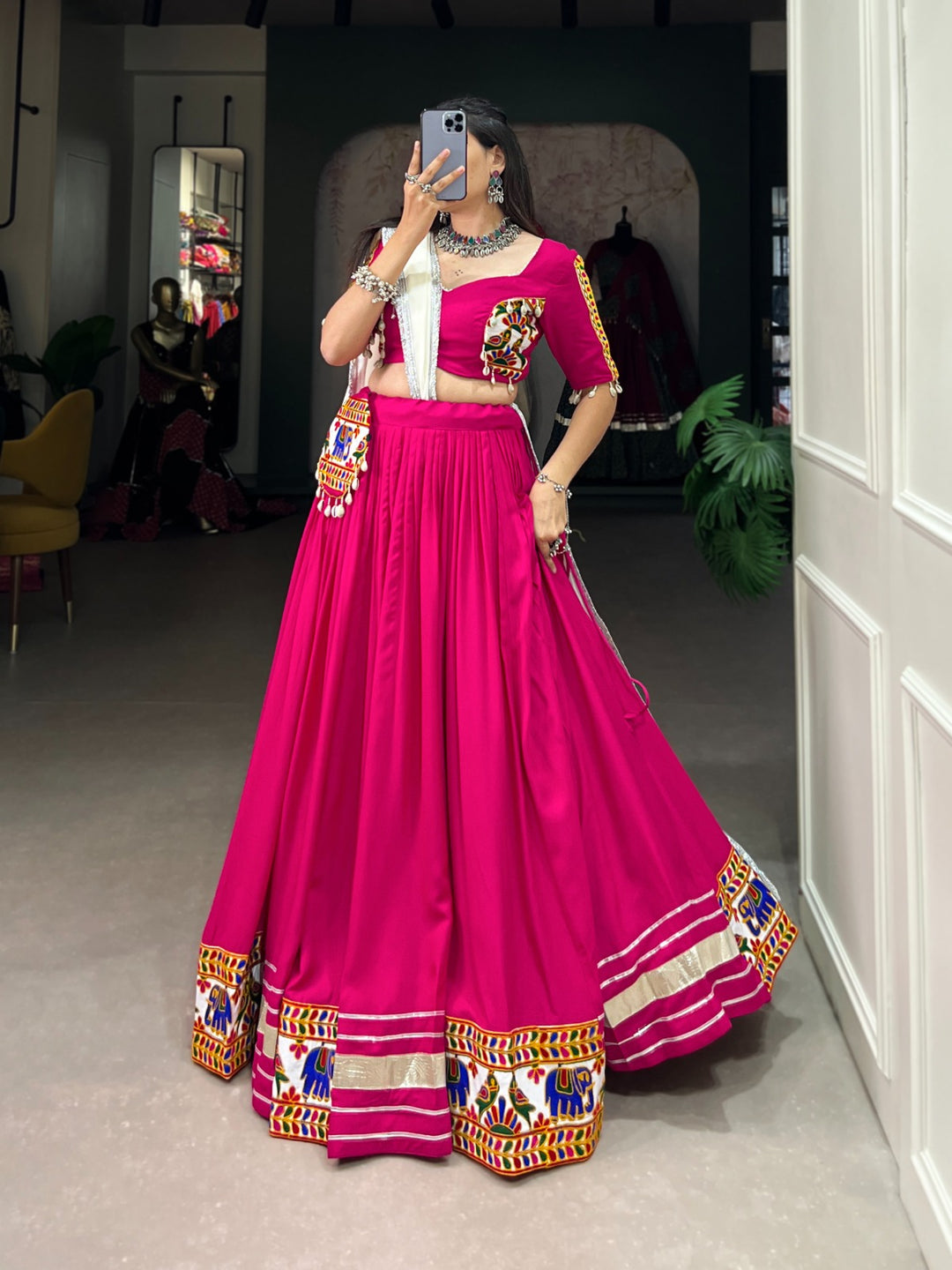 Beautiful pink rayon lehenga choli with intricate gamthi work and gota patii lace border