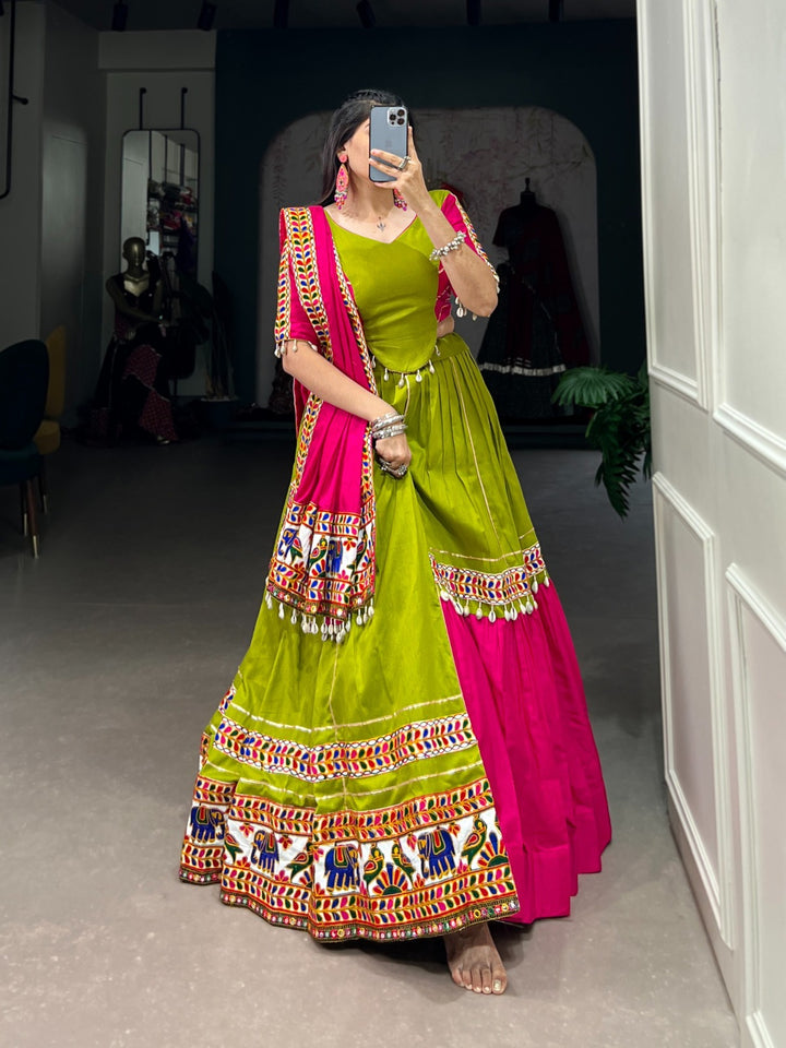 Parrot Pure Rayon Plain With Gamthi Work And Gota Patii Lace Border Lehenga Choli