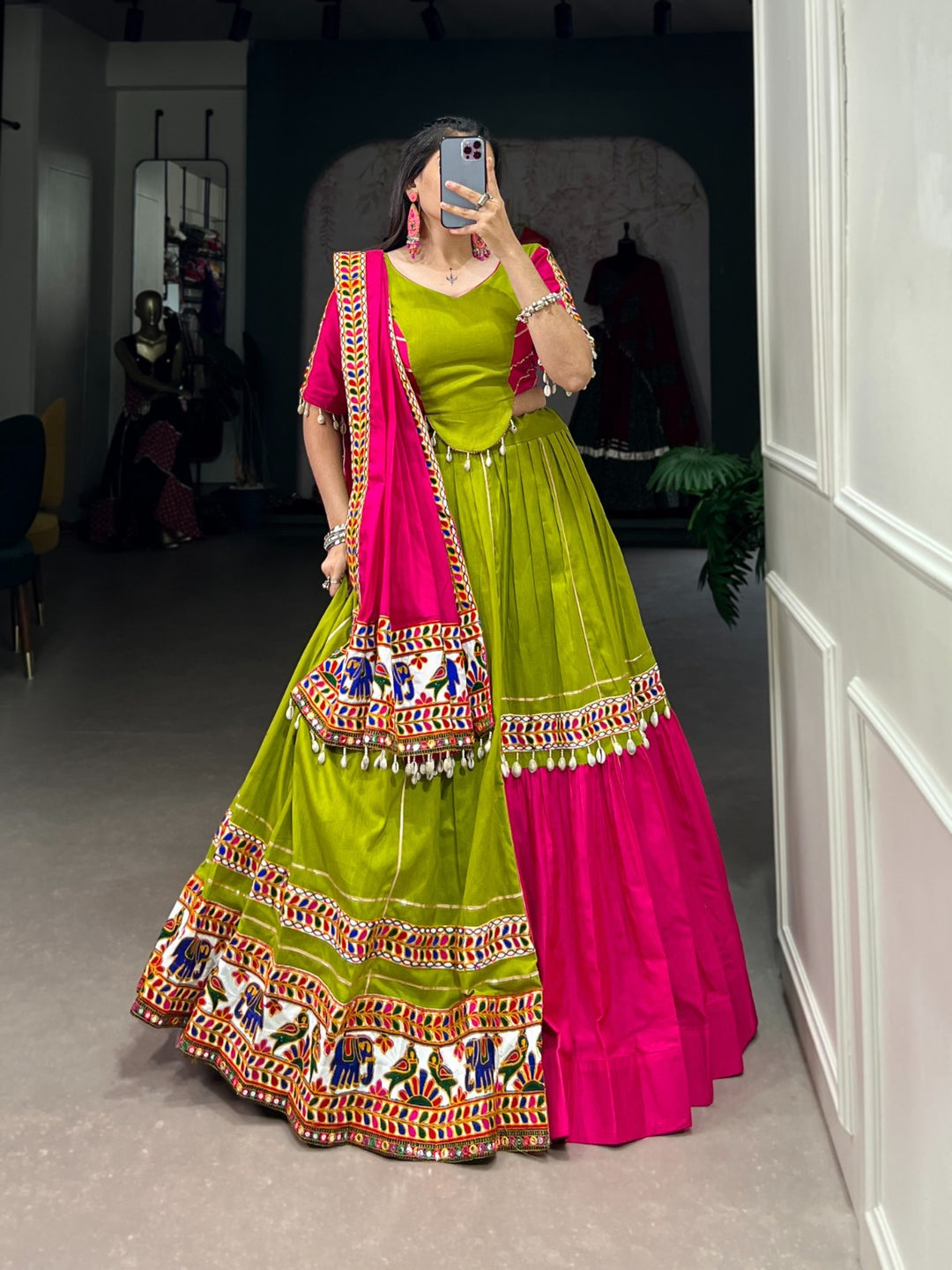 Parrot Pure Rayon Plain With Gamthi Work And Gota Patii Lace Border Lehenga Choli