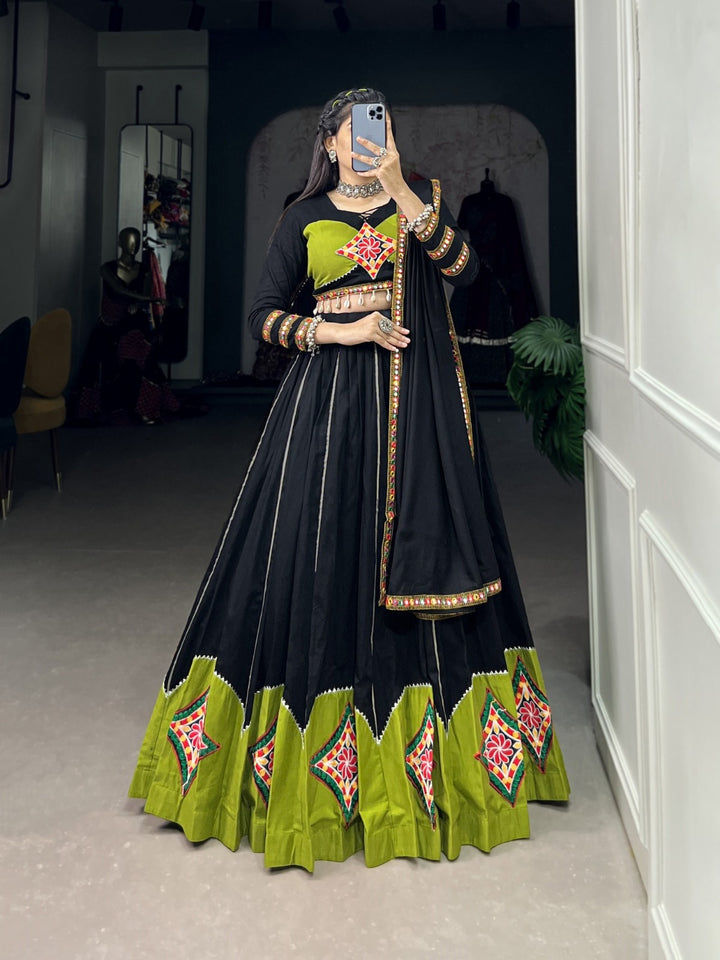 Black Pure Rayon Plain With Gamthi Work And Gota Patii Lace Border Lehenga Choli