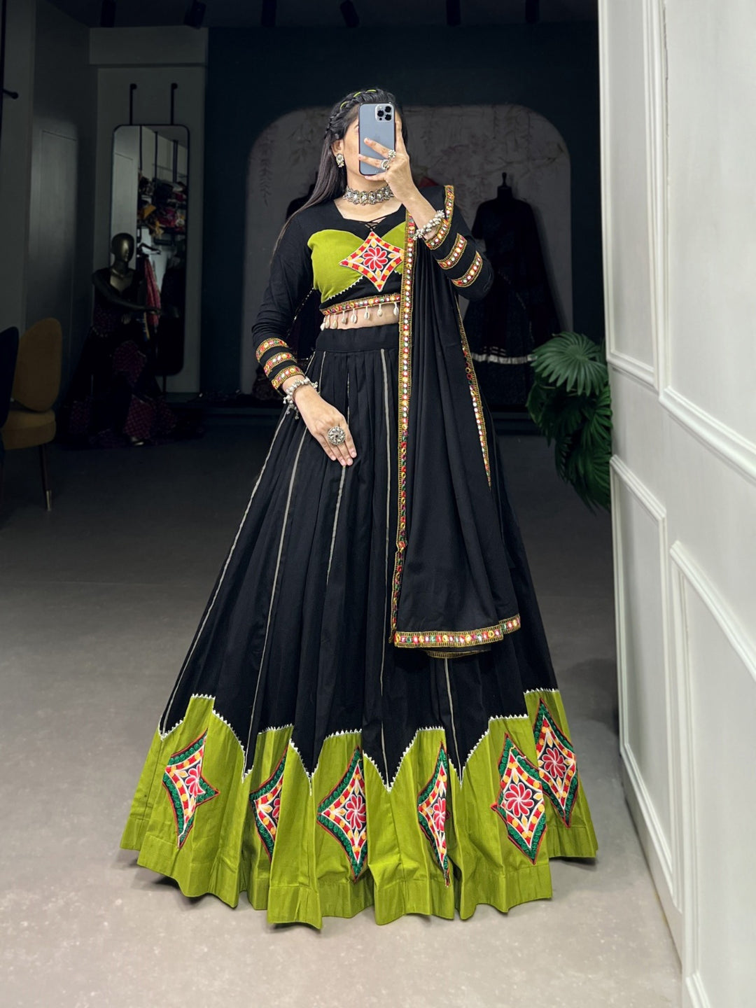 Black Pure Rayon Plain With Gamthi Work And Gota Patii Lace Border Lehenga Choli