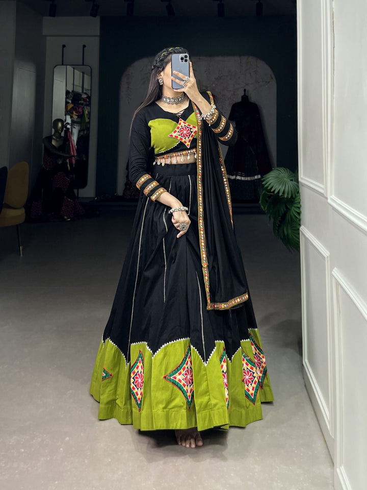 Black pure rayon plain lehenga choli with intricate Gamthi work and Gota Patii lace border