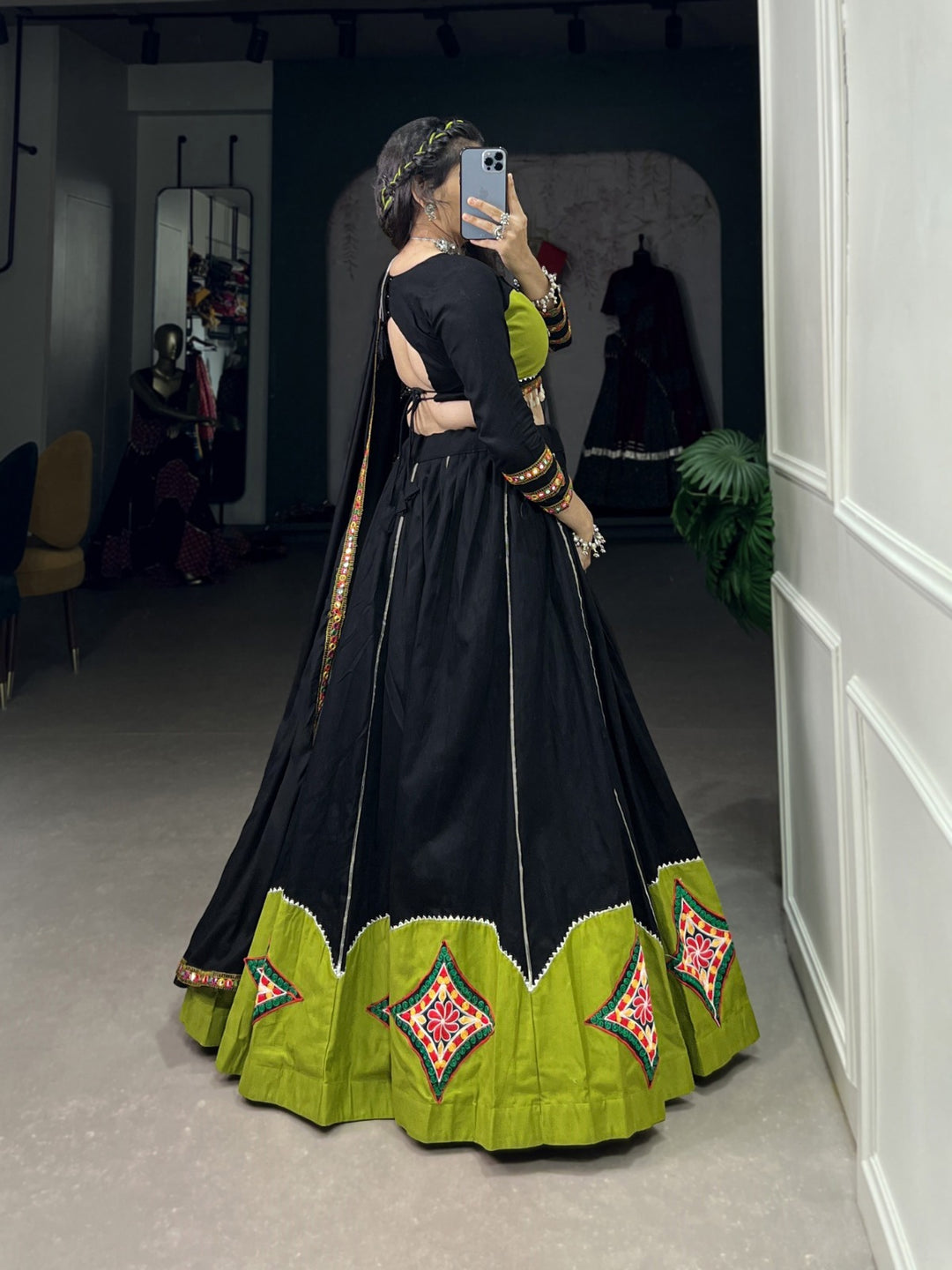 Stunning black rayon lehenga choli with handcrafted Gamthi work and Gota Patii lace border