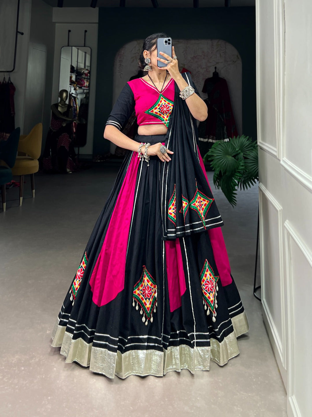 Black & Pink Gorgeous Cotton Gamti And Gotta Patti Work Ready To Wear Navratri Lehenga Set  - Inspired