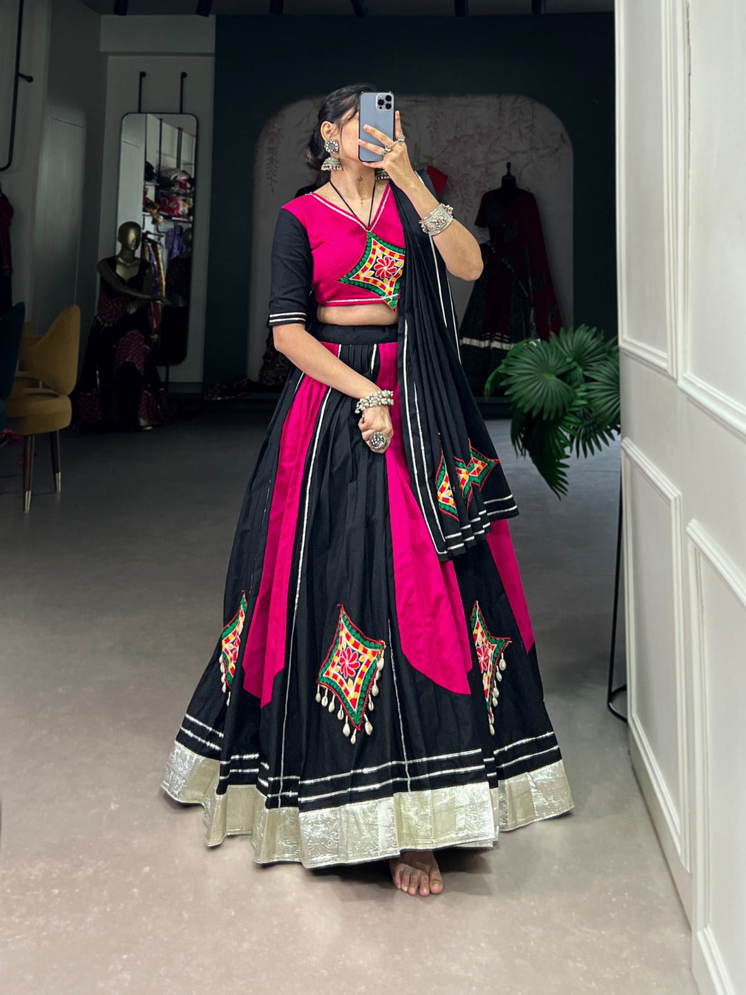 Black & Pink Gorgeous Cotton Gamti And Gotta Patti Work Ready To Wear Navratri Lehenga Set  - Inspired