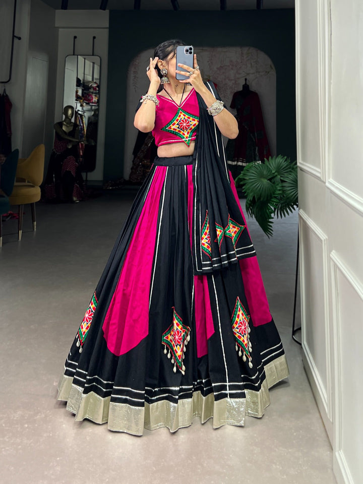 Black & Pink Gorgeous Cotton Gamti And Gotta Patti Work Ready To Wear Navratri Lehenga Set  - Inspired