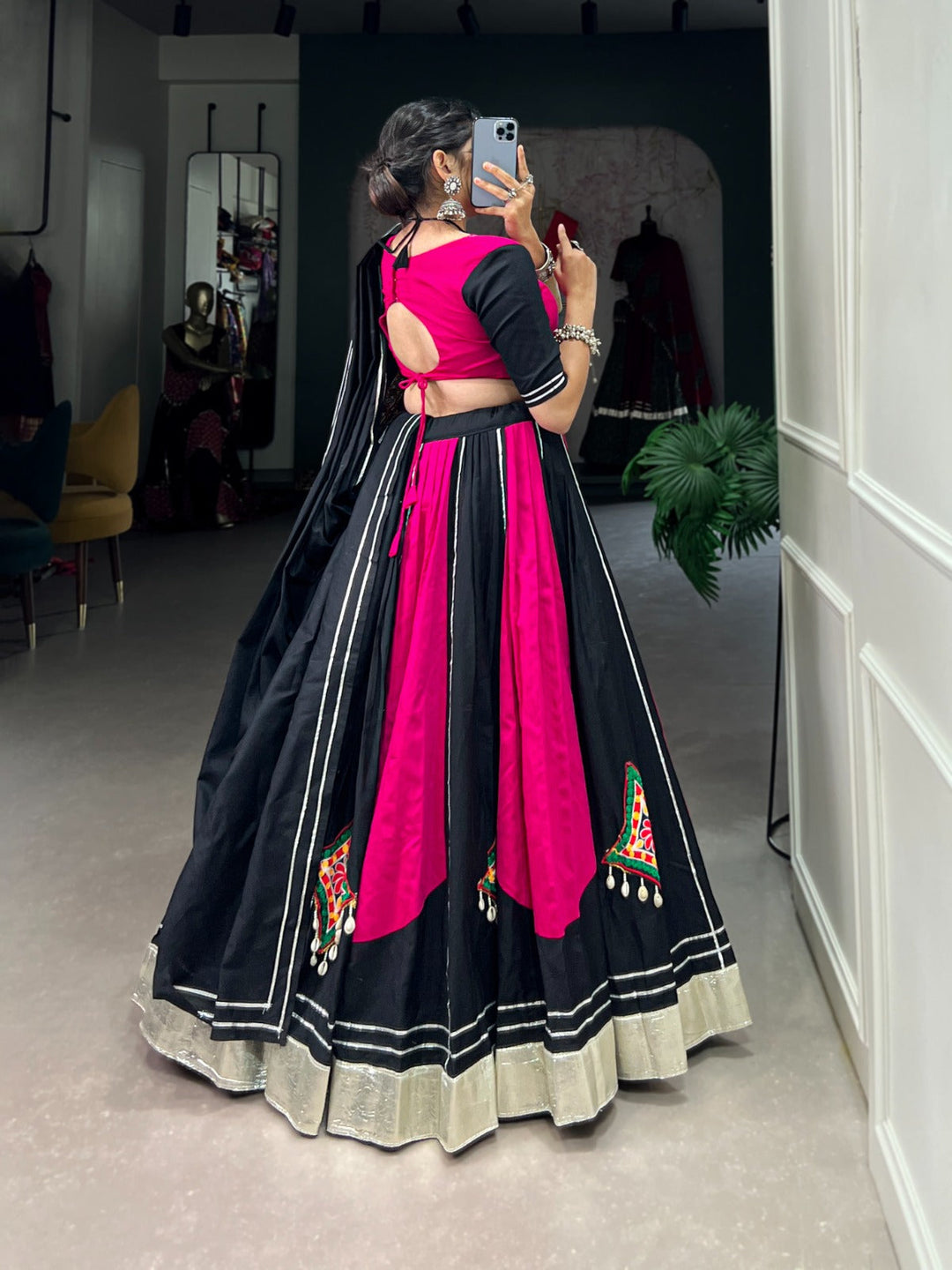 Black & Pink Gorgeous Cotton Gamti And Gotta Patti Work Ready To Wear Navratri Lehenga Set  - Inspired