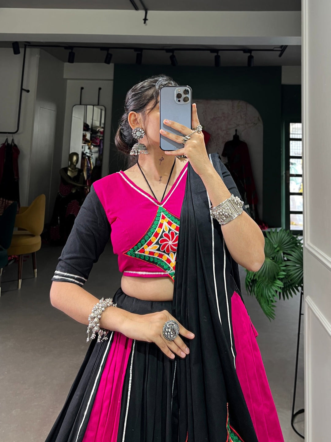 Black & Pink Gorgeous Cotton Gamti And Gotta Patti Work Ready To Wear Navratri Lehenga Set  - Inspired