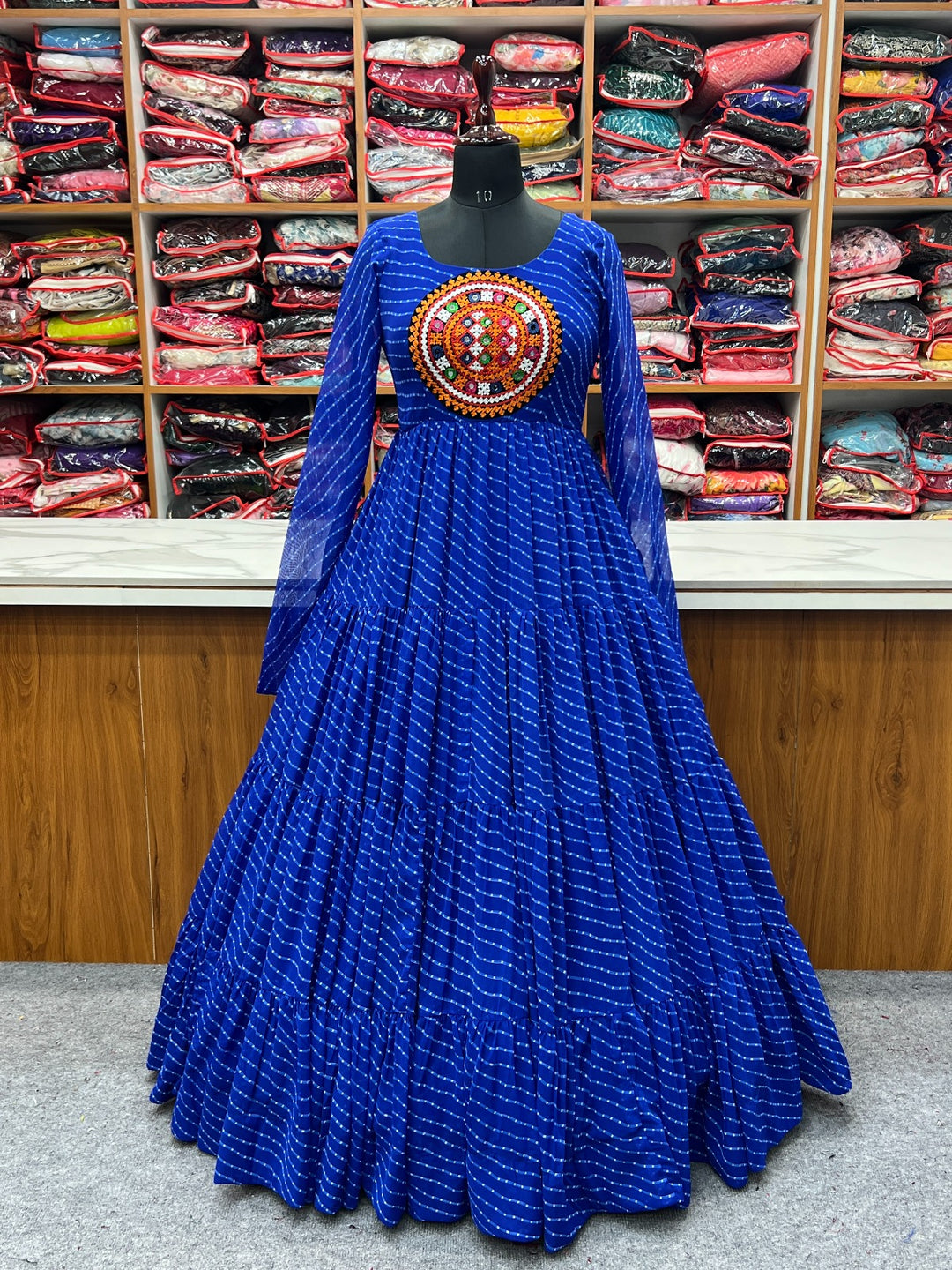 Royalblue pure soft fox georgette leheriya print fabric fully flair anarkali gown with intricate detailing and elegant design