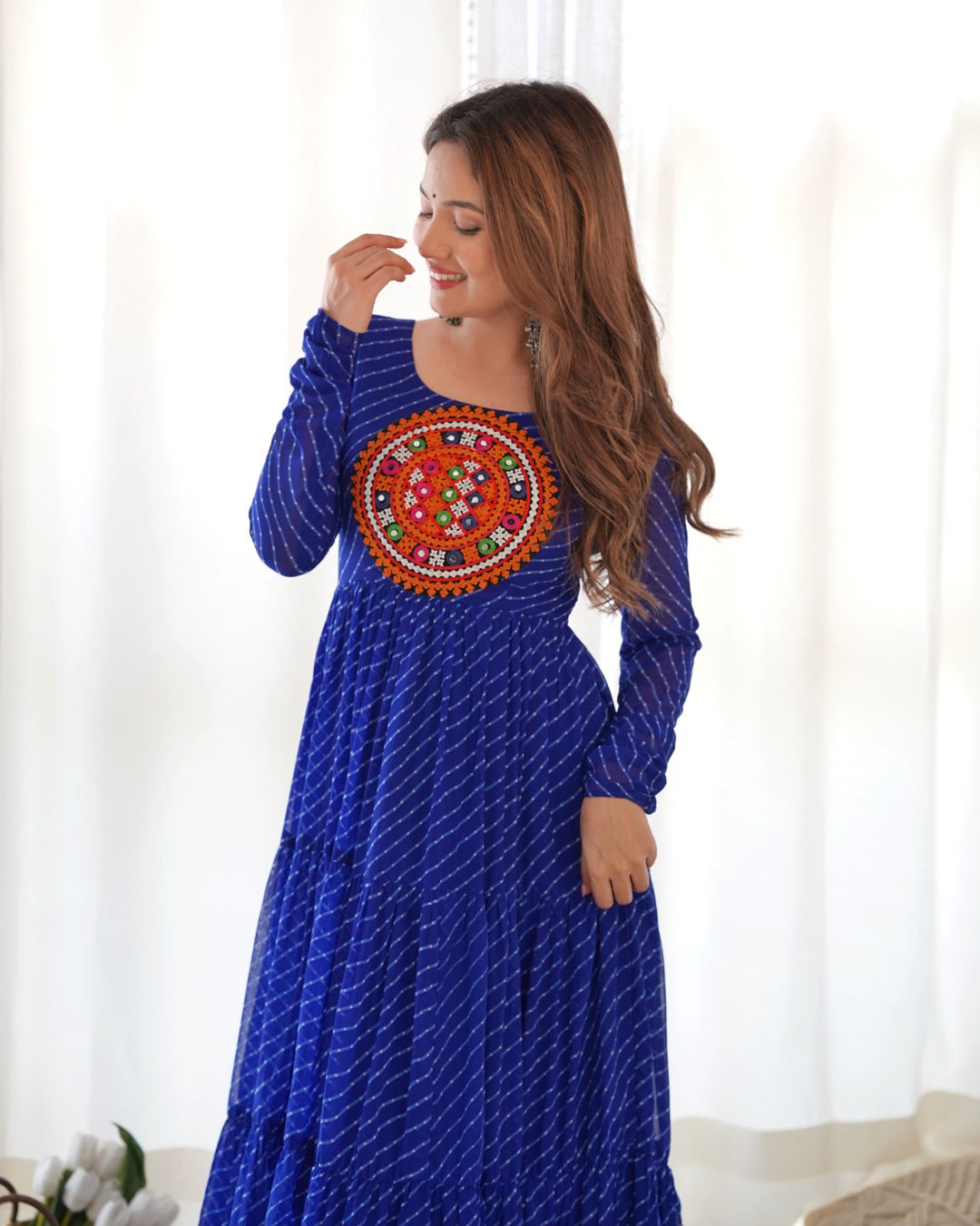 Beautiful royal blue pure soft fox georgette Laheriya print fabric fully flair Anarkali gown with intricate design and flowing silhouette