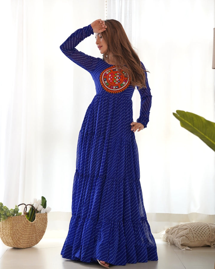 Royal blue pure soft fox georgette leheriya print fabric fully flair anarkali gown with intricate detailing and elegant design