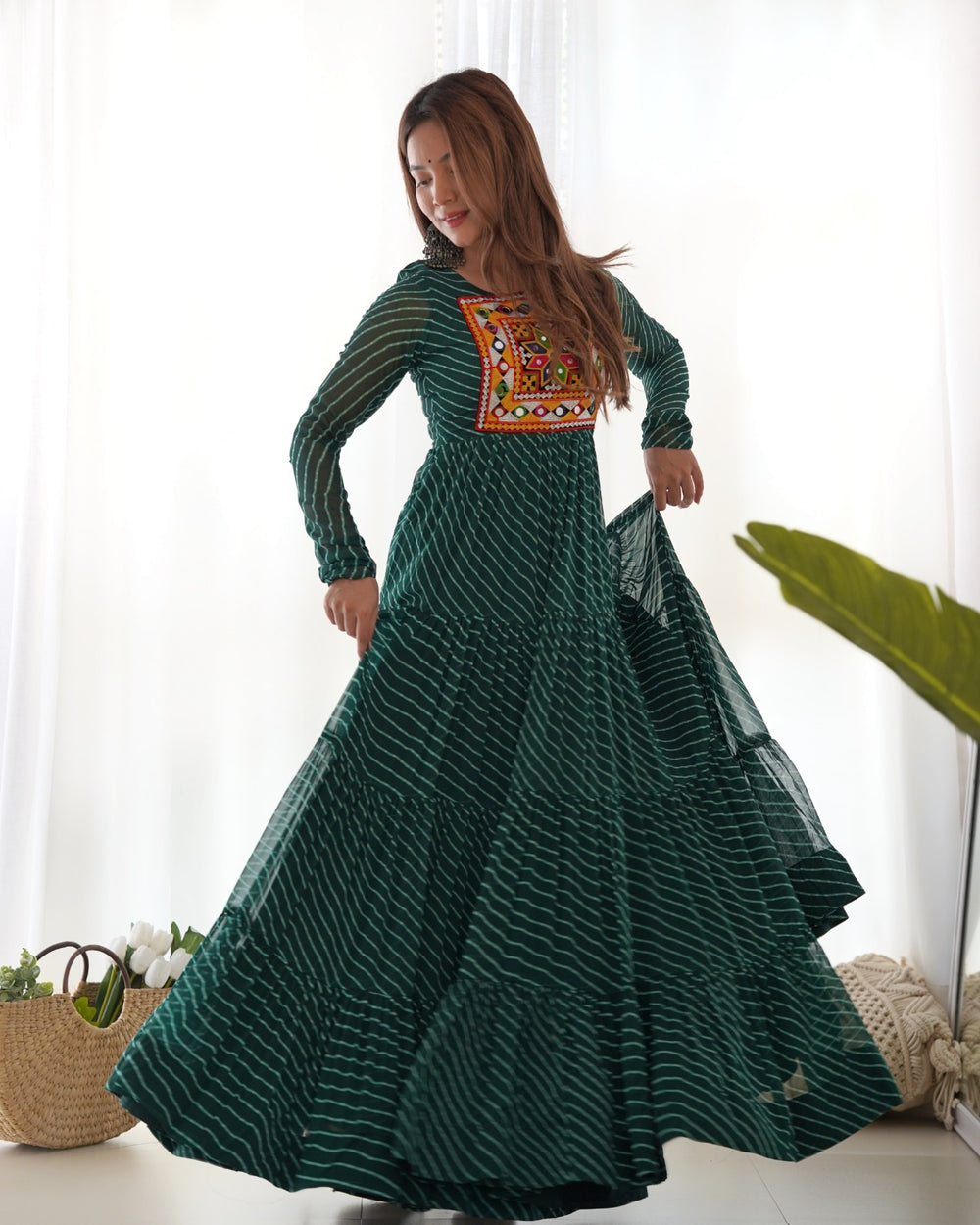 BOTTLEGREEN PURE SOFT FOX GEORGETTE LAHERIYA PRINT FABRIC FULLY FLAIR ANARKALI GOWN in vibrant green with intricate laheriya print and full flair design, perfect for special occasions and events