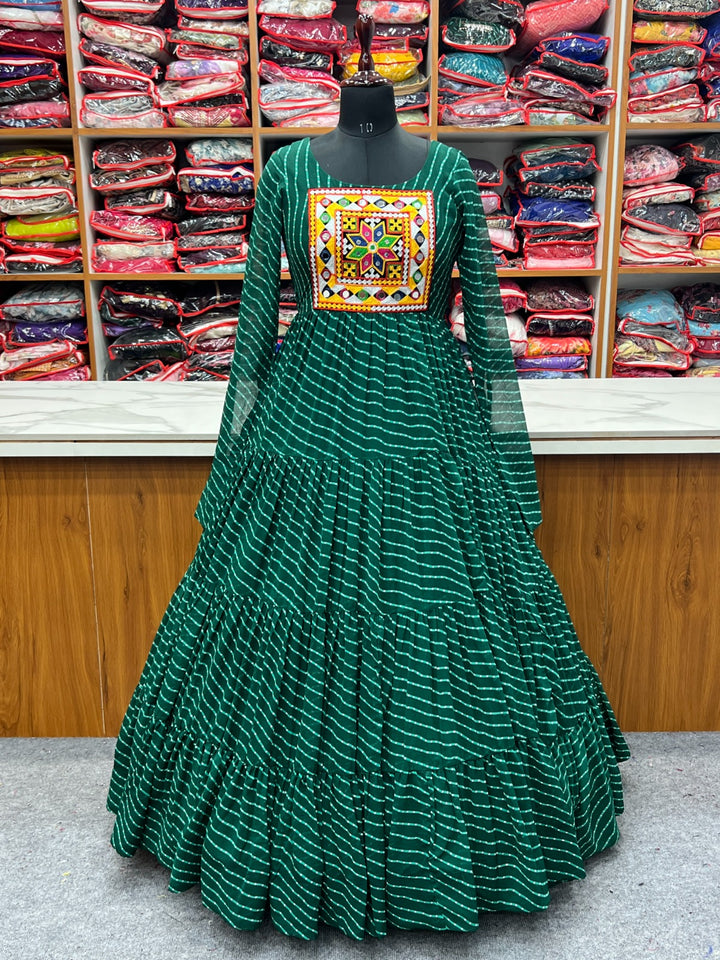 Elegant BOTTLEGREEN PURE SOFT FOX GEORGETTE LAHERIYA PRINT FABRIC FULLY FLAIR ANARKALI GOWN featuring a flowing silhouette and beautiful fox georgette fabric for a stunning look