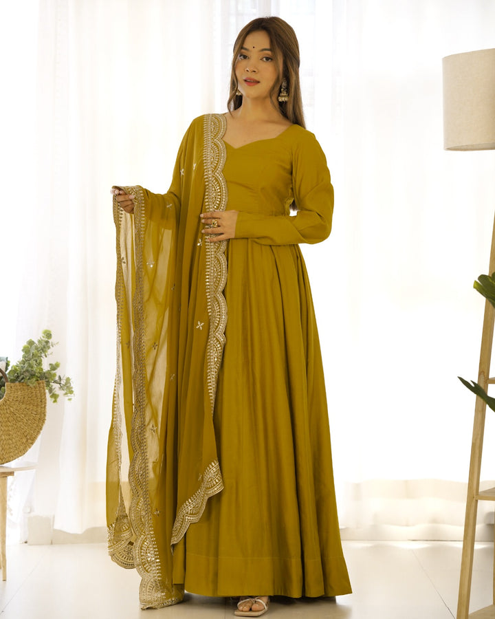 MUSTURD PURE ROMANSILK CHANDERI FABRIC FULLY FLAIR ANARKALI GOWN