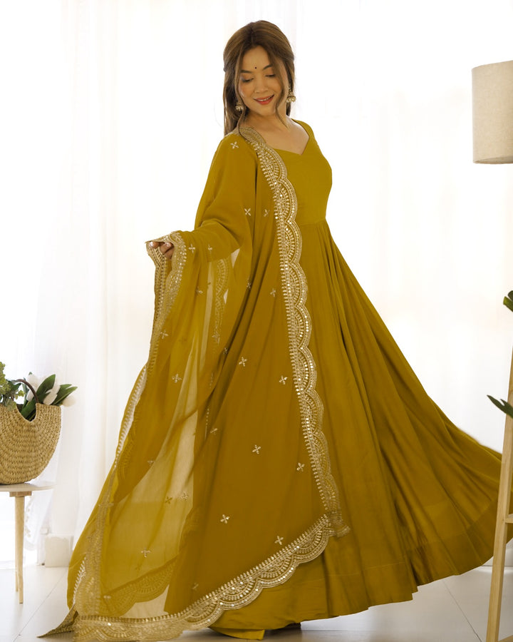 MUSTURD PURE ROMANSILK CHANDERI FABRIC FULLY FLAIR ANARKALI GOWN