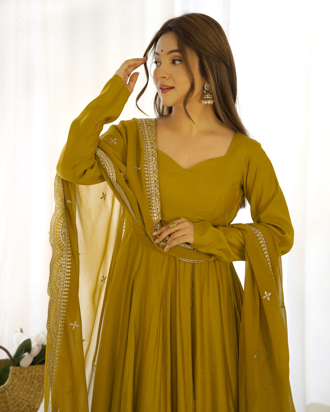 MUSTURD PURE ROMANSILK CHANDERI FABRIC FULLY FLAIR ANARKALI GOWN