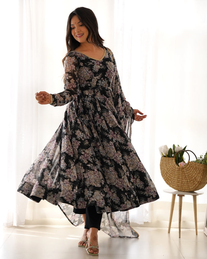 BLACK PURE FOX GEORGETTE MULTI FLORAL PRINT FABRIC FULLY FLAIR ANARKALI GOWN