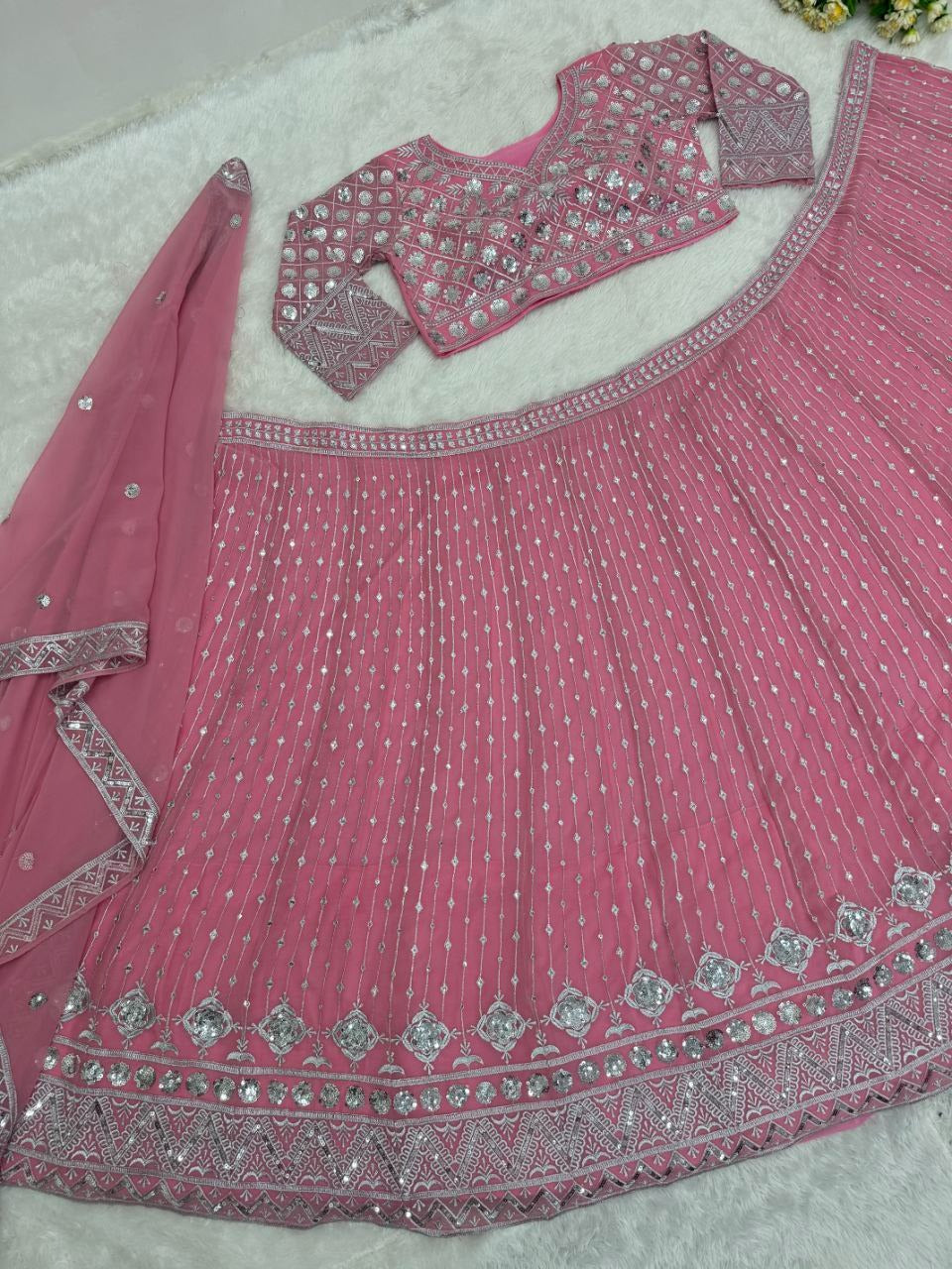 PINK BRIDAL WEAR HEAVY EMBROIDERED SEQUENCE WORK LEHENGAS CHOLI WITH DUPATTA