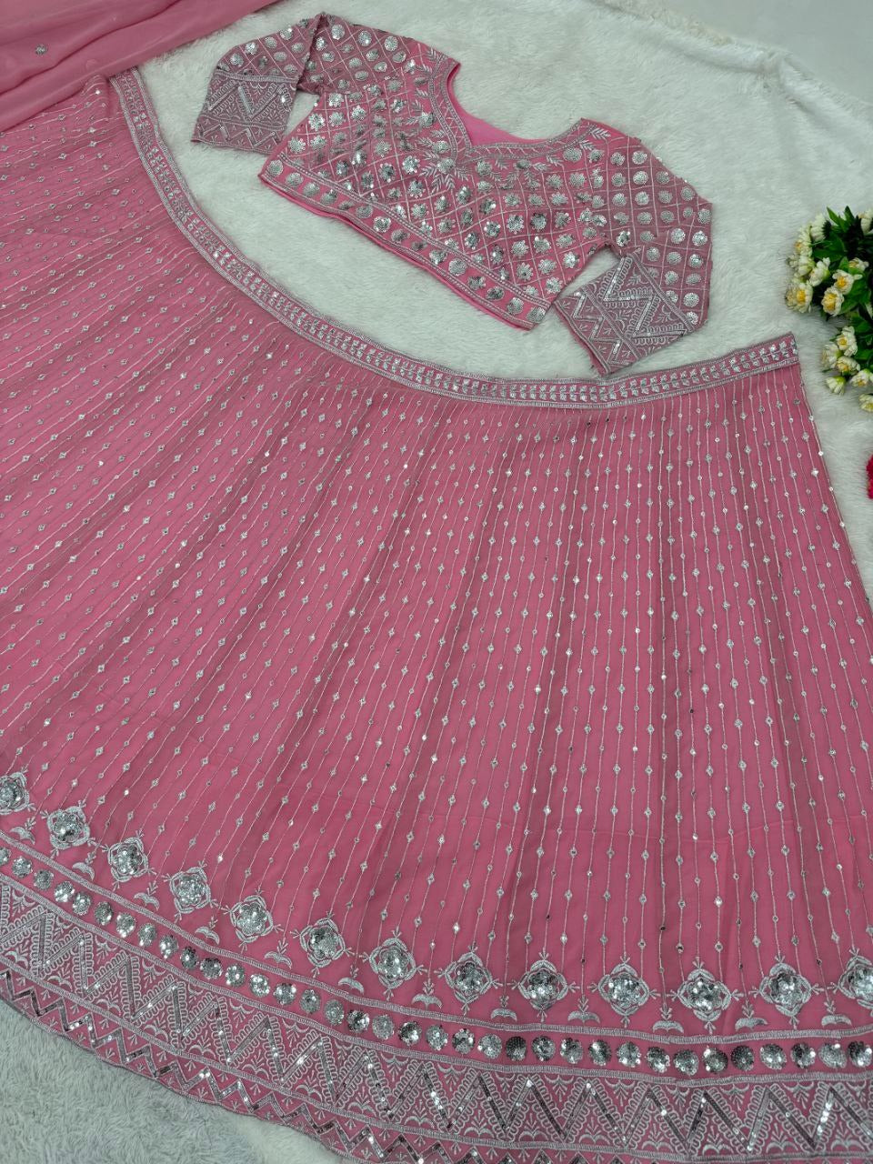 PINK BRIDAL WEAR HEAVY EMBROIDERED SEQUENCE WORK LEHENGAS CHOLI WITH DUPATTA