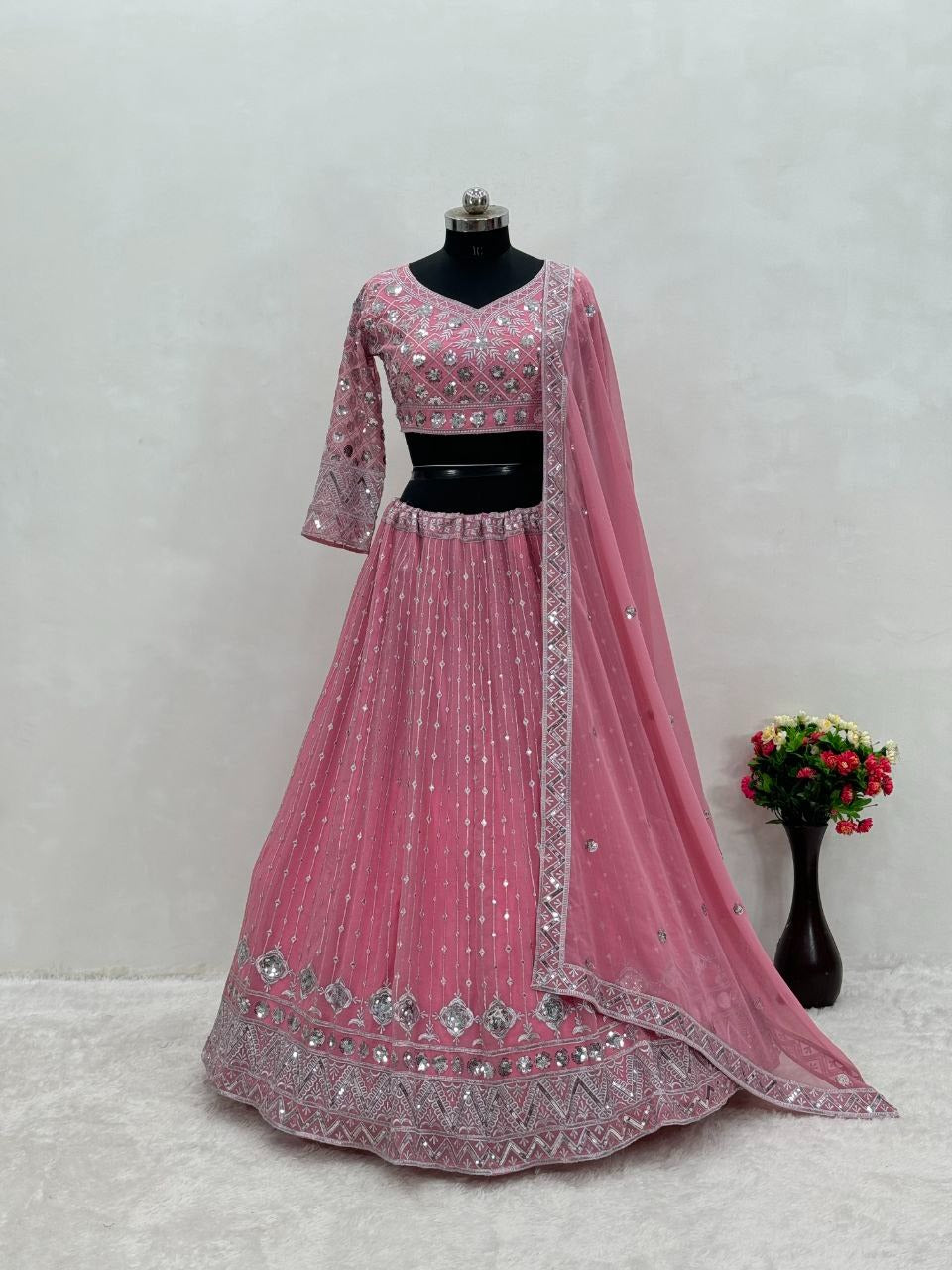 PINK BRIDAL WEAR HEAVY EMBROIDERED SEQUENCE WORK LEHENGAS CHOLI WITH DUPATTA