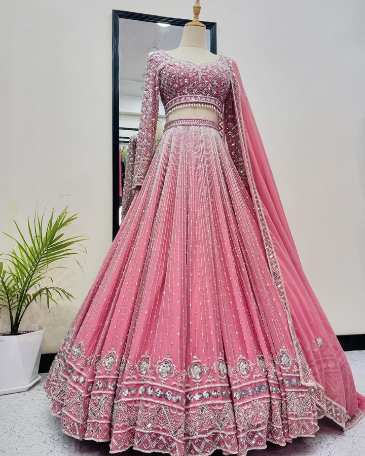 PINK BRIDAL WEAR HEAVY EMBROIDERED SEQUENCE WORK LEHENGAS CHOLI WITH DUPATTA