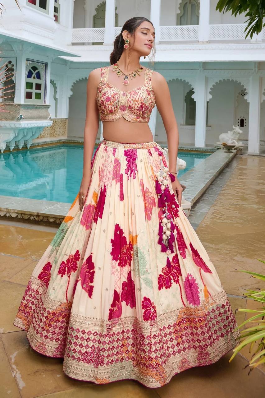 PINK CHINON EMBROIDERY CODDING SEQUENCE DESIGN WORK LEHENGA - INSPIRED | Ready To Wear - qivii