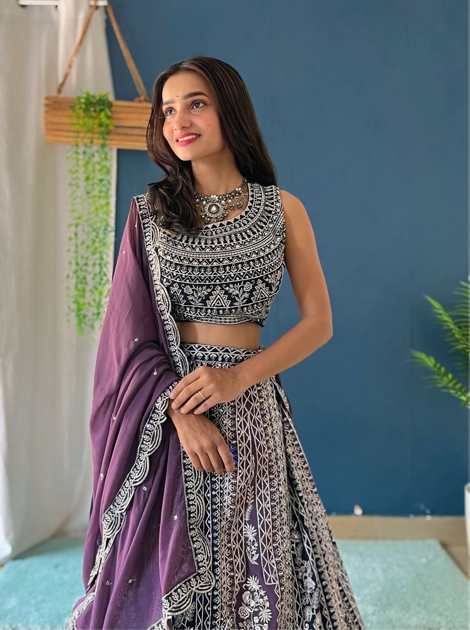 PURPLE FAUX GEORGEET WITH EMBROIDERY SEQUENCE DESIGN WORK LEHENGA - INSPIRED | Ready To Wear - qivii