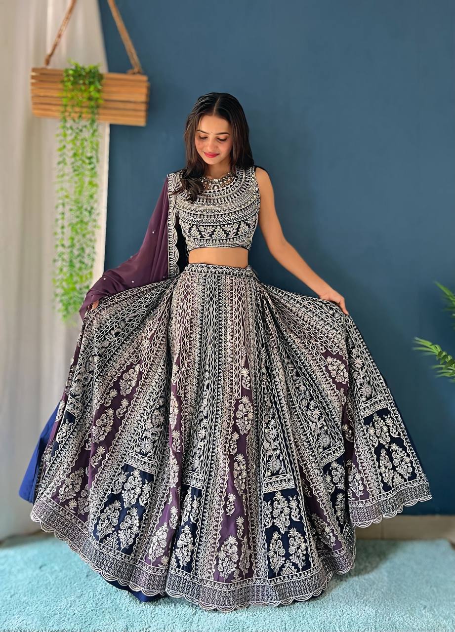 PURPLE FAUX GEORGEET WITH EMBROIDERY SEQUENCE DESIGN WORK LEHENGA - INSPIRED | Ready To Wear - qivii