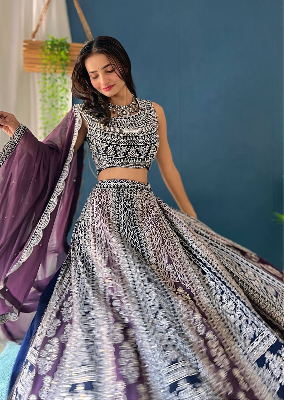 PURPLE FAUX GEORGEET WITH EMBROIDERY SEQUENCE DESIGN WORK LEHENGA - INSPIRED | Ready To Wear - qivii