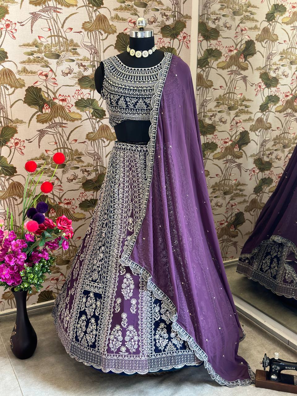 PURPLE FAUX GEORGEET WITH EMBROIDERY SEQUENCE DESIGN WORK LEHENGA - INSPIRED | Ready To Wear - qivii