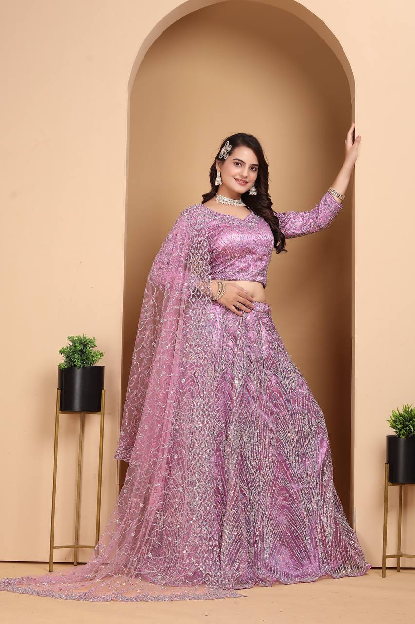 PURPLE HEAVY NET DESIGNER PURE ZARKHAN DIAMOND AND GLITTER SEQUENCE DESIGN WORK LEHENGA - INSPIRED | Ready To Wear - qivii