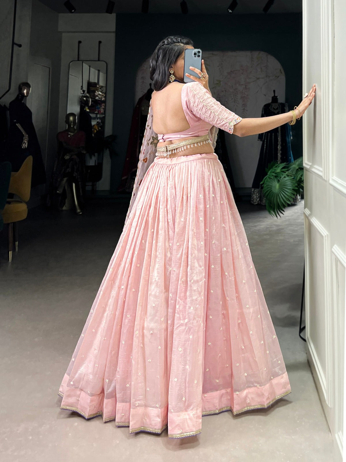 Light Pink Gold Crush Sequins and Thread Embroidery Lehenga Choli - INSPIRED | Ready To Wear - qivii