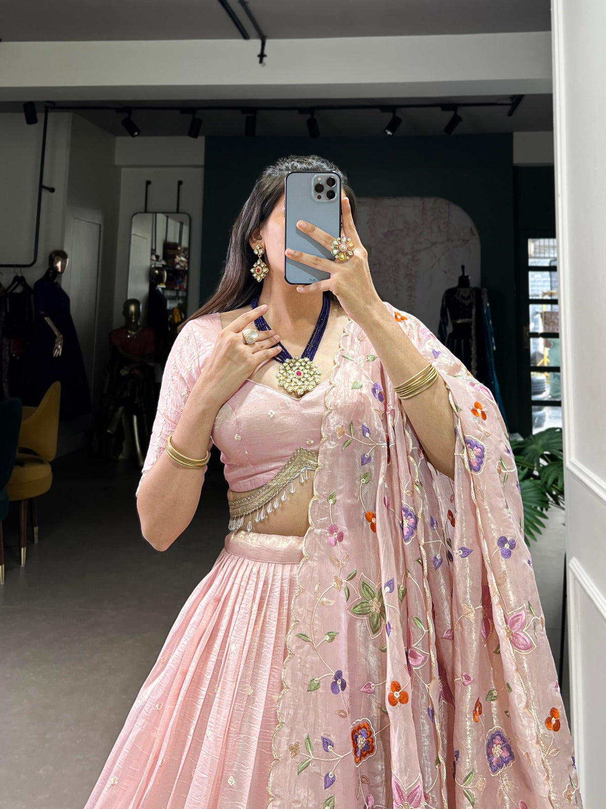 Light Pink Gold Crush Sequins and Thread Embroidery Lehenga Choli - INSPIRED | Ready To Wear - qivii
