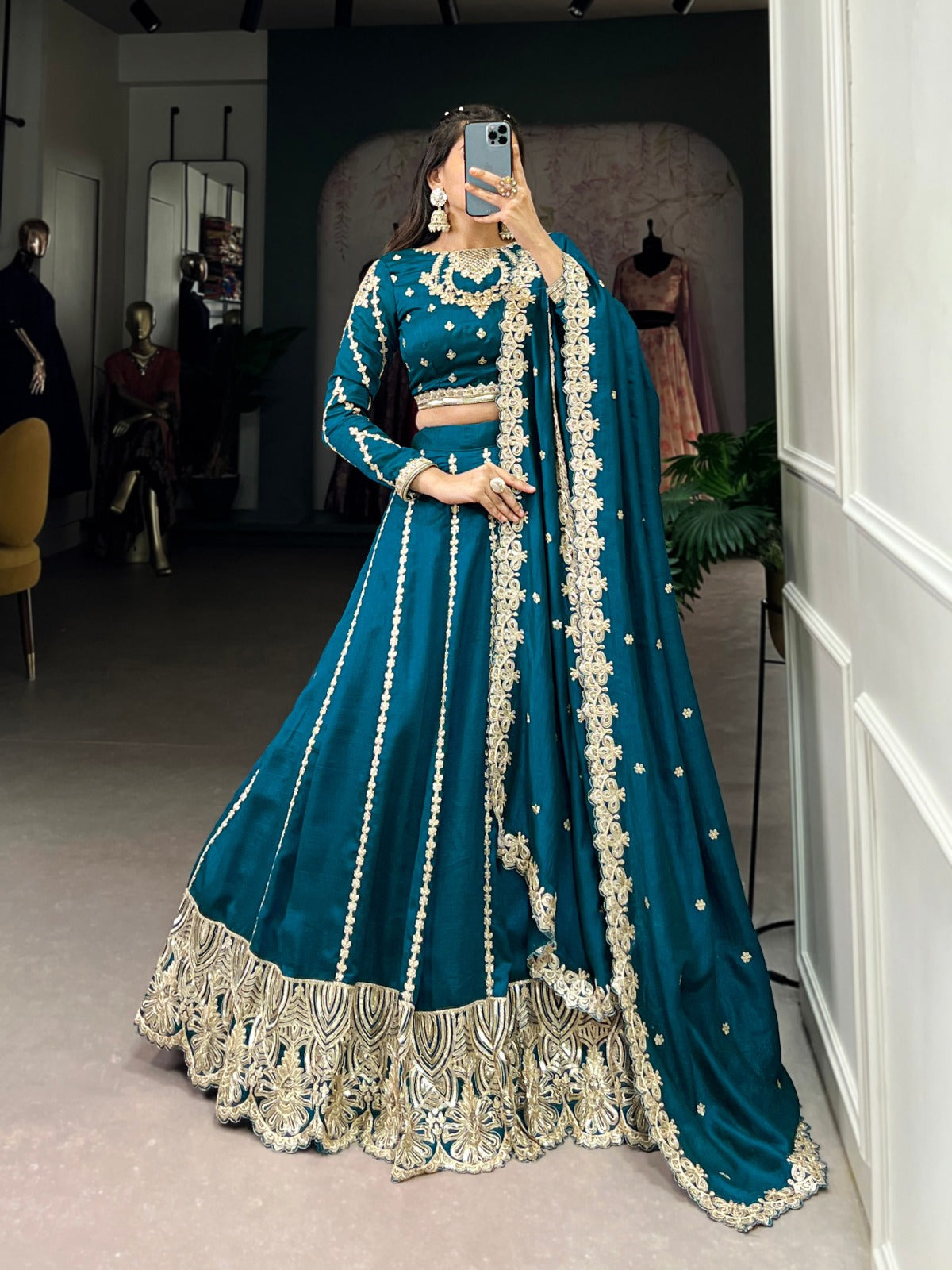 Teal Blue Vichitra Silk Sequins and Thread Embroidery Work Lehenga Choli - INSPIRED | Ready To Wear - qivii
