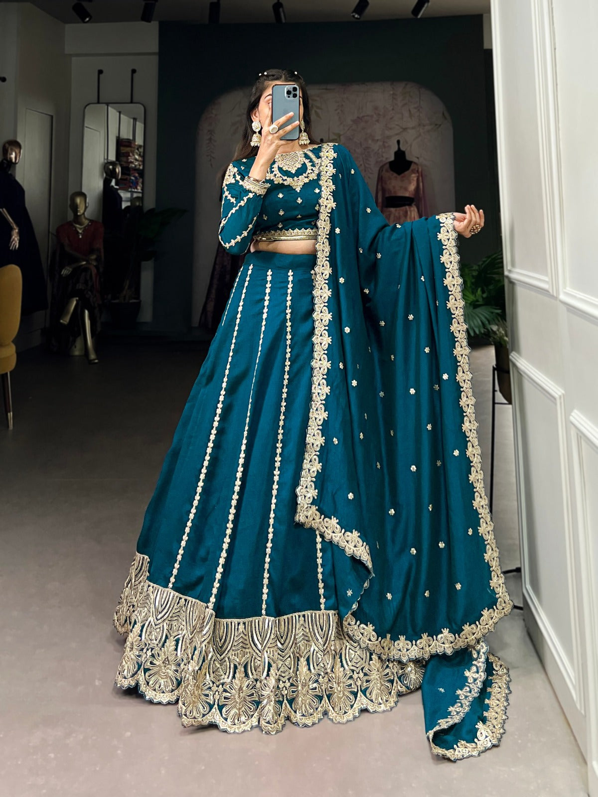 Teal Blue Vichitra Silk Sequins and Thread Embroidery Work Lehenga Choli - INSPIRED | Ready To Wear - qivii