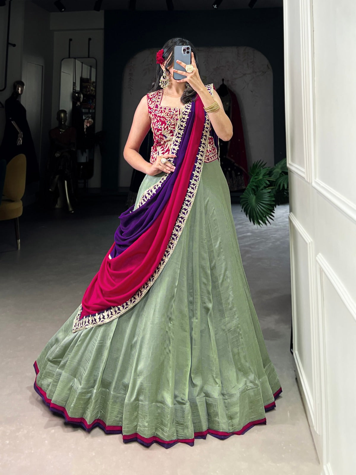 Green Vichitra Silk Plain With Sequins and Thread Embroidery Work Lehenga Choli - INSPIRED | Ready To Wear - qivii