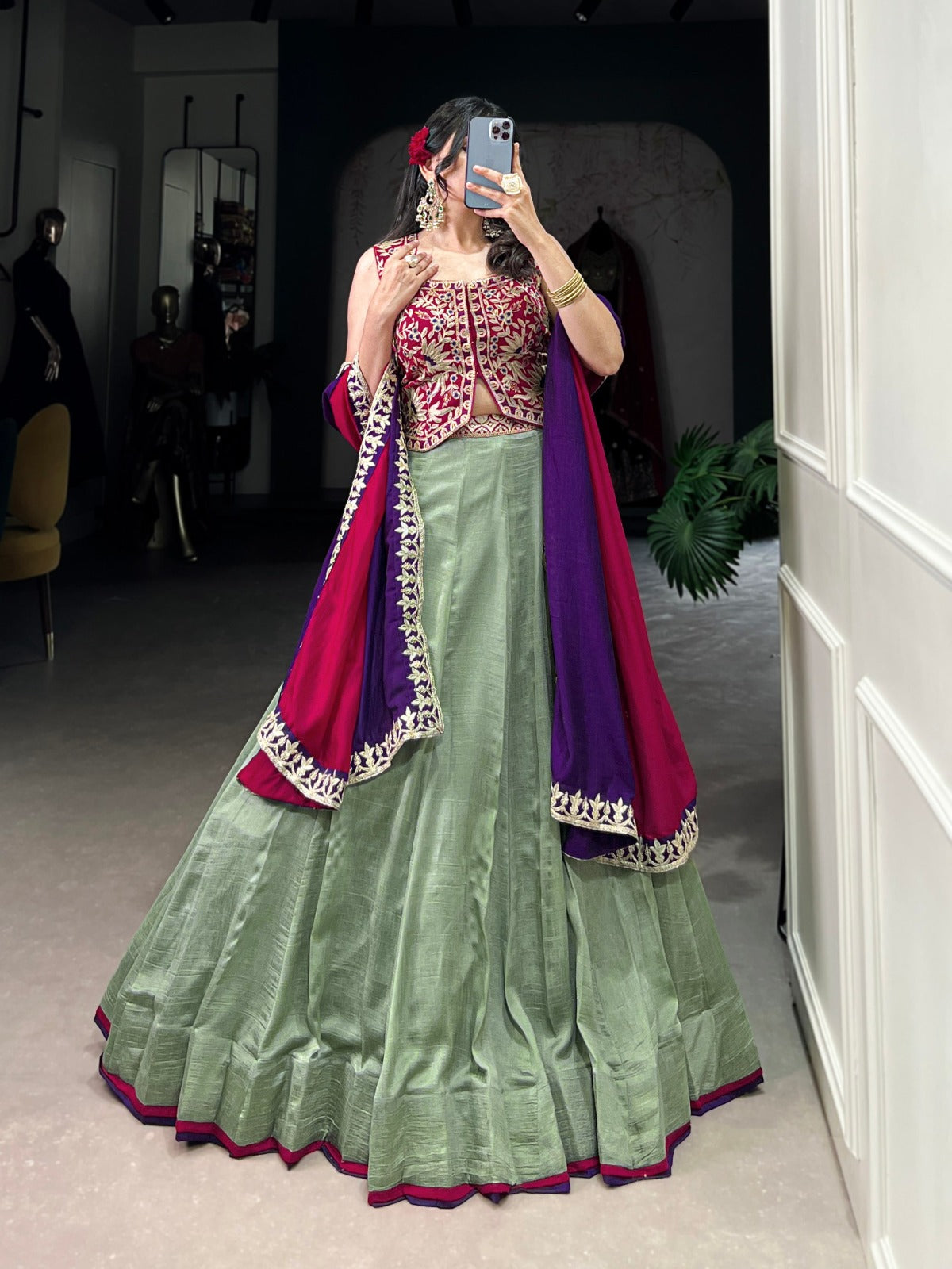 Green Vichitra Silk Plain With Sequins and Thread Embroidery Work Lehenga Choli - INSPIRED | Ready To Wear - qivii