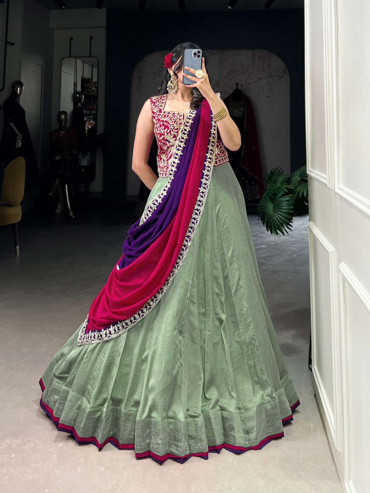 Green Vichitra Silk Plain With Sequins and Thread Embroidery Work Lehenga Choli - INSPIRED | Ready To Wear - qivii