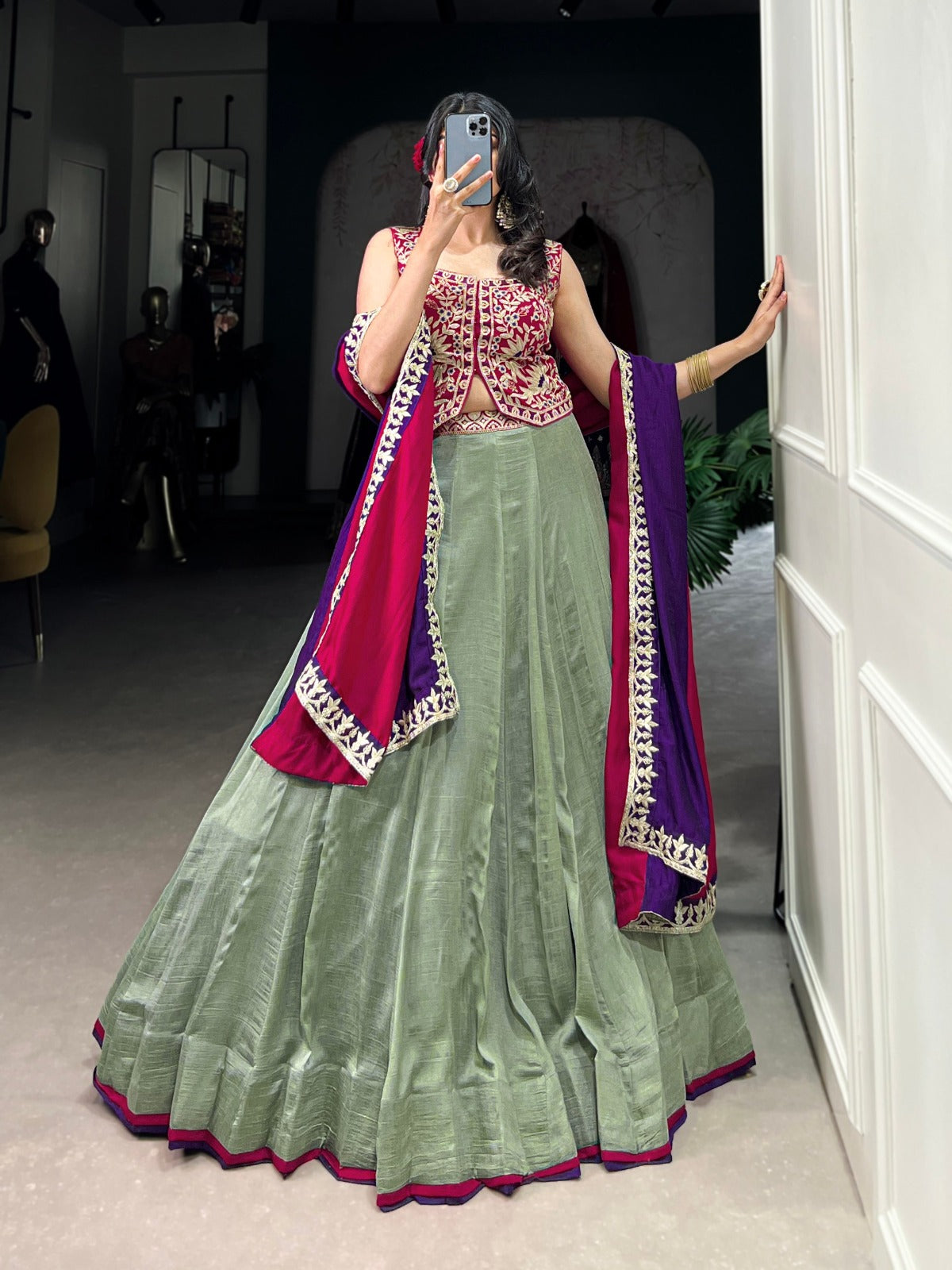 Green Vichitra Silk Plain With Sequins and Thread Embroidery Work Lehenga Choli - INSPIRED | Ready To Wear - qivii