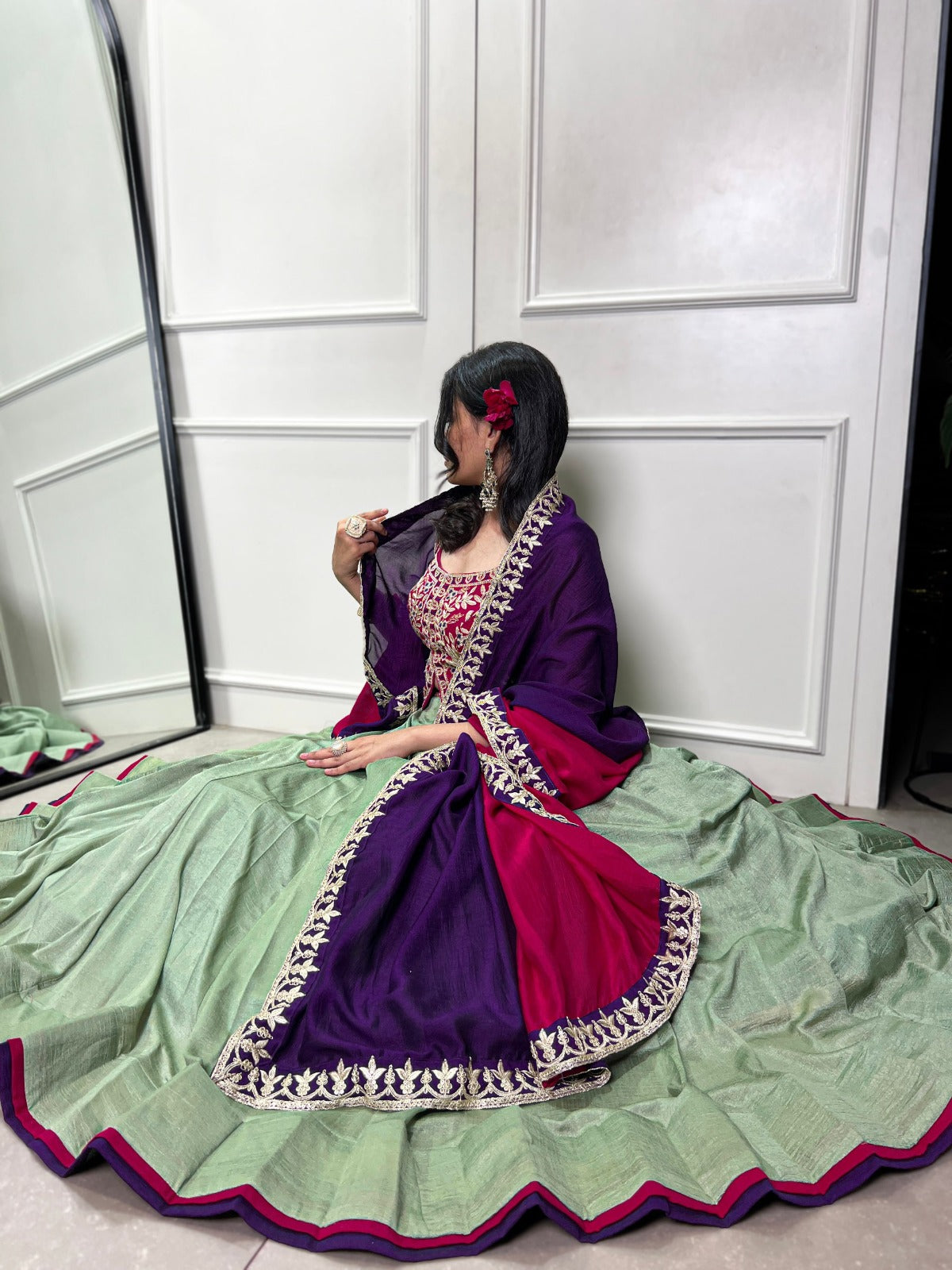 Green Vichitra Silk Plain With Sequins and Thread Embroidery Work Lehenga Choli - INSPIRED | Ready To Wear - qivii
