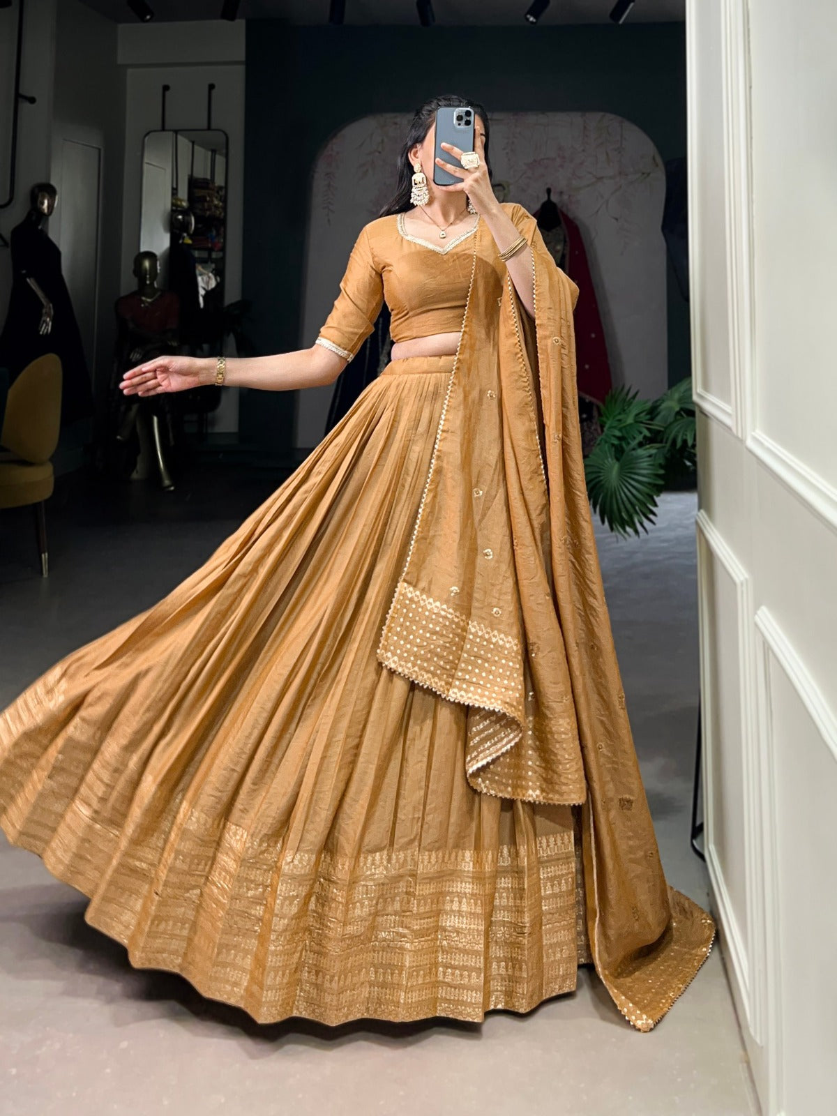 Mustard Pure Chanderi Plain With Zari Weaving Work Border Lehenga Choli - INSPIRED | Ready To Wear - qivii