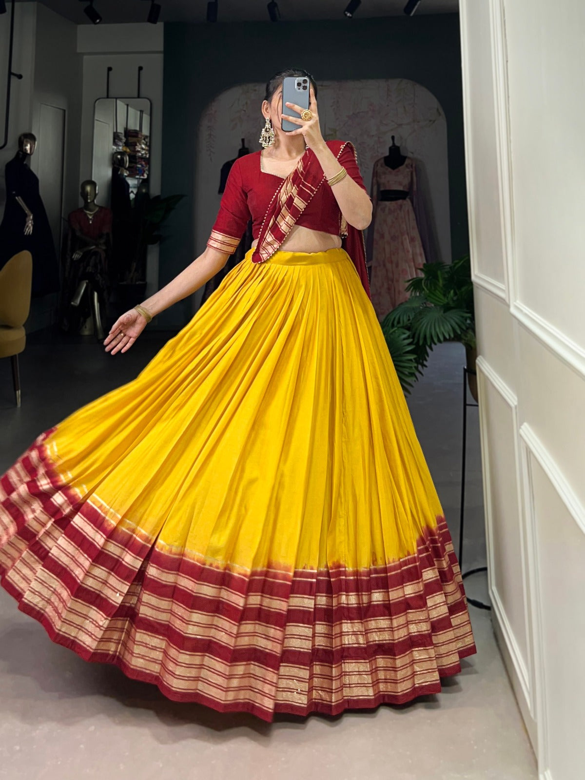 Yellow Pure Chanderi Plain With Zari Weaving Work Border Lehenga Choli - INSPIRED | Ready To Wear - qivii