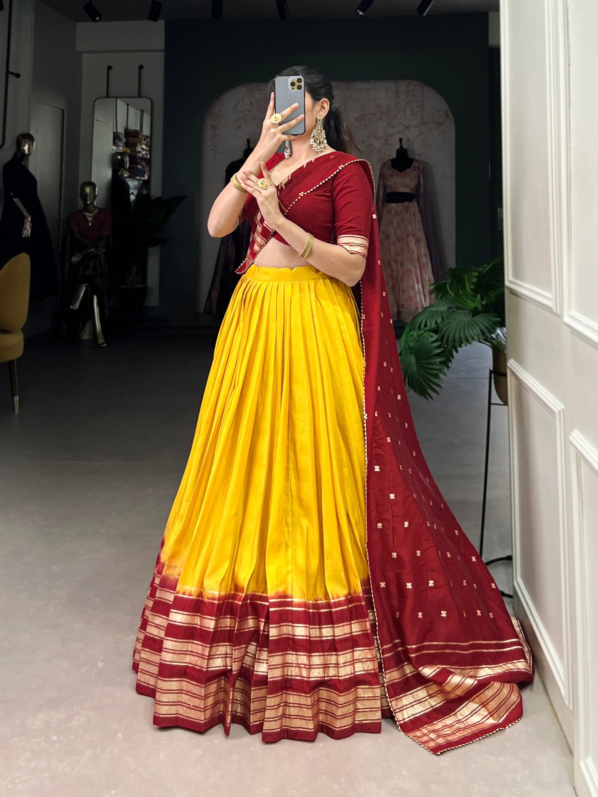 Yellow Pure Chanderi Plain With Zari Weaving Work Border Lehenga Choli - INSPIRED | Ready To Wear - qivii